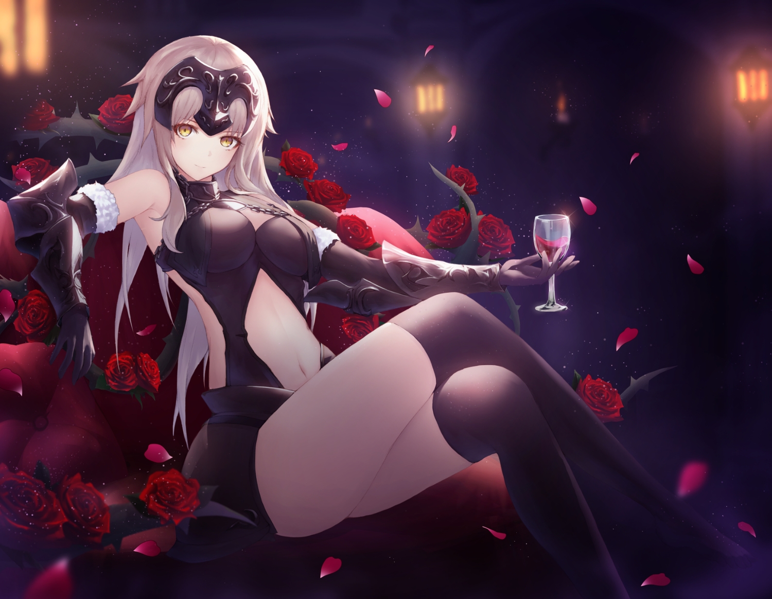 armor, blonde_hair, chain, drink, elbow_gloves, fate/grand_order, fate_(series), flowers, gloves, headdress, jeanne_d'arc_alter, jeanne_d'arc_(fate), long_hair, navel, necoring862, rose, thighhighs, yellow_eyes
