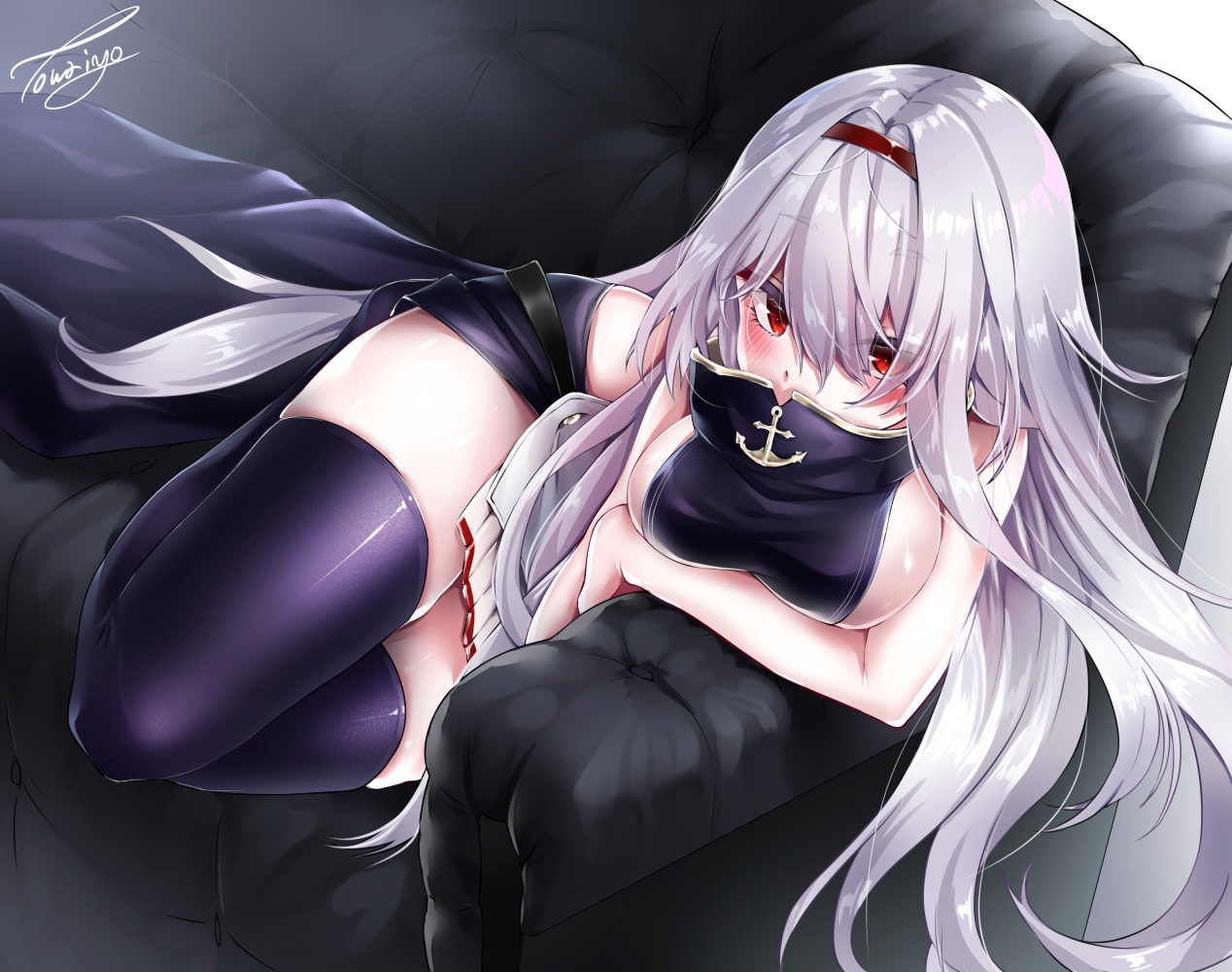 anthropomorphism, azur_lane, blush, breast_hold, breasts, colorado_(azur_lane), couch, gray_hair, headband, long_hair, red_eyes, sideboob, signed, thighhighs, touwa_iyo