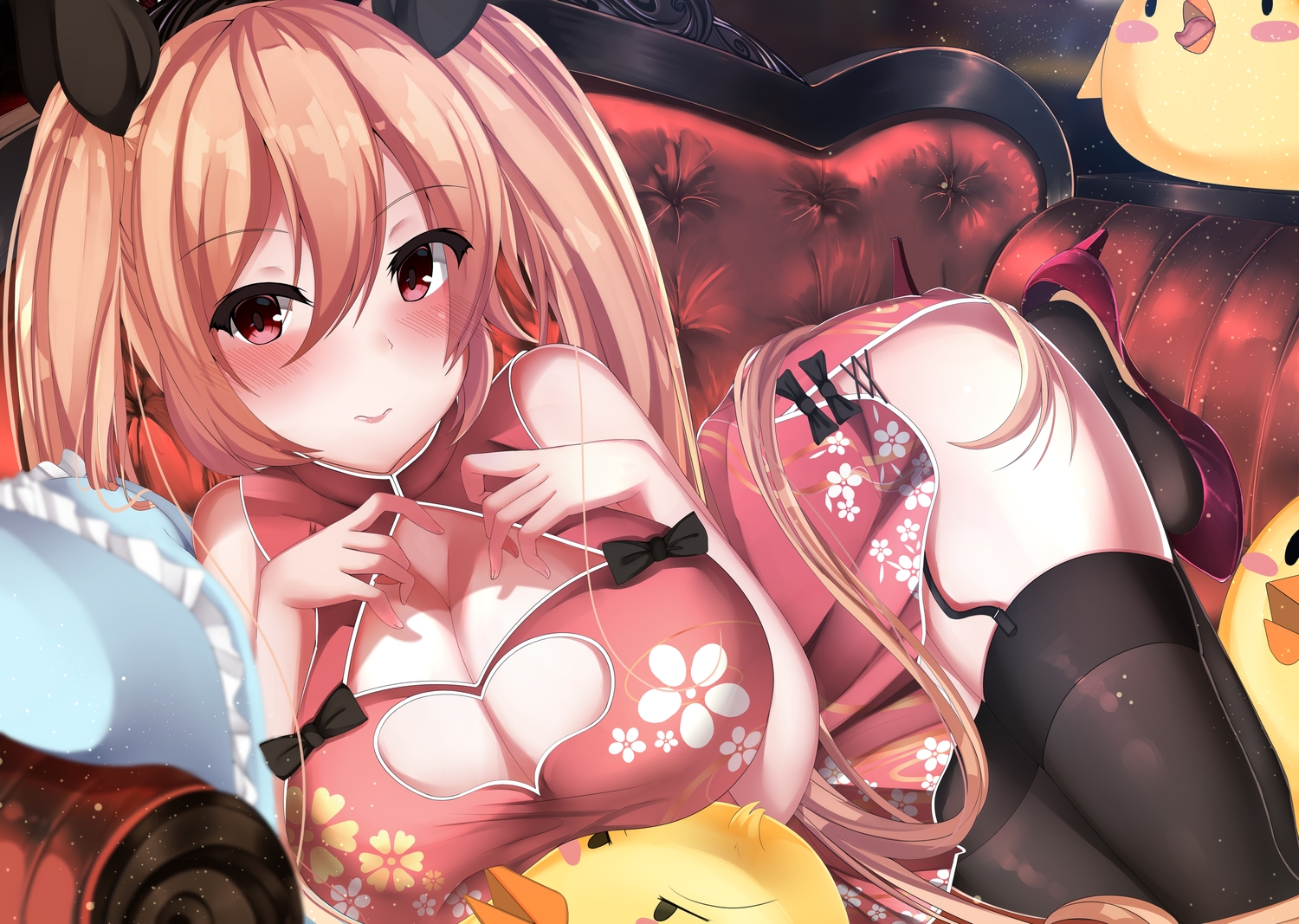aliasing, animal, anthropomorphism, azur_lane, bird, blonde_hair, blush, breasts, chinese_clothes, chinese_dress, cleavage, couch, dress, garter_belt, hiragi_ringo, long_hair, nelson_(azur_lane), red_eyes, stockings, thighhighs, twintails