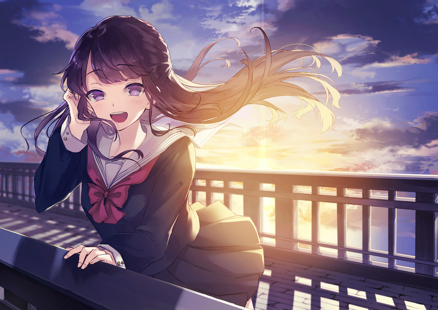 black_hair, blush, clouds, kusaka_kou, long_hair, original, purple_eyes, school_uniform, skirt, sky, sunset