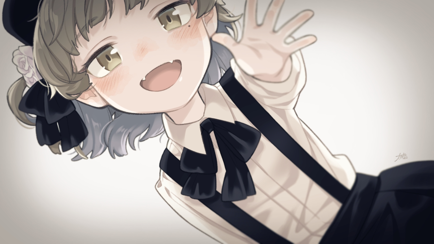 blush, bow, brown_eyes, brown_hair, close, fang, gradient, gray