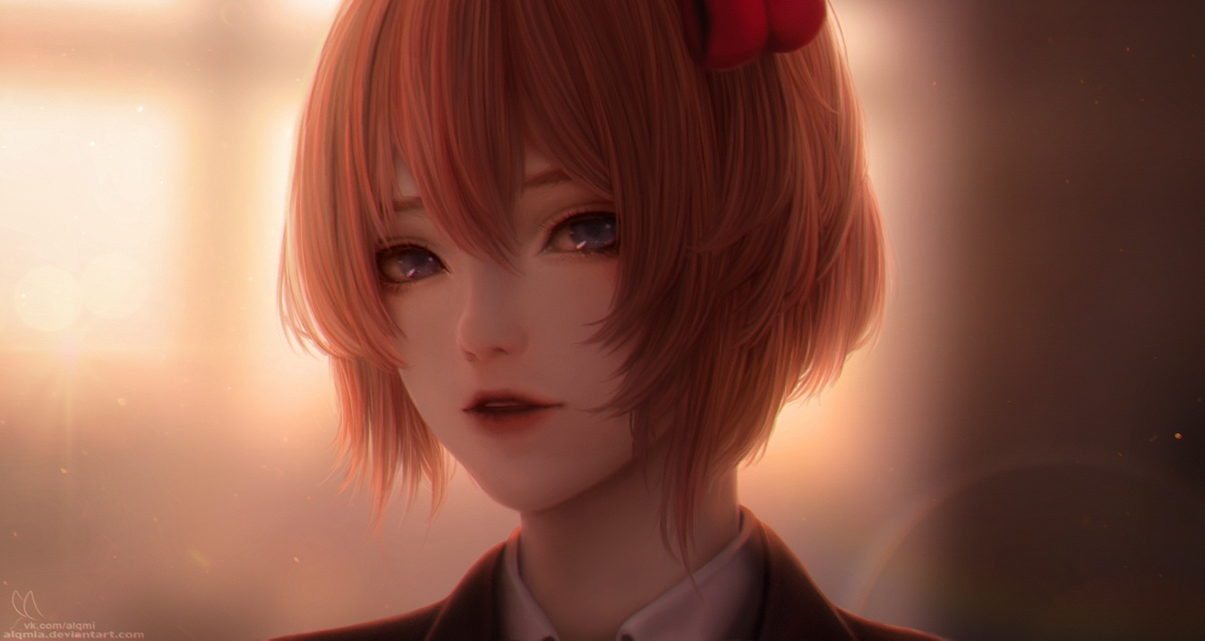 alqmia, blue_eyes, close, doki_doki_literature_club!, orange_hair, realistic, sayori_(ddlc), short_hair, watermark