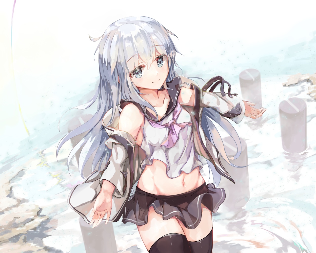 anthropomorphism, hibiki_(kancolle), kantai_collection, long_hair, navel, school_uniform, shinsoyori, skirt, water