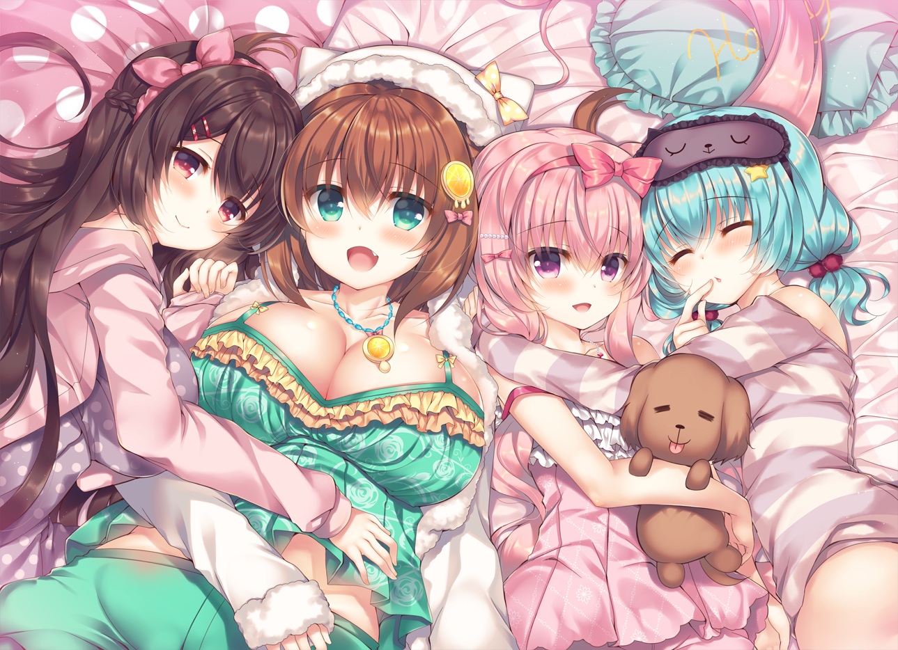 animal, aoki_kaede, aqua_hair, bed, blush, bow, breasts, brown_hair, cleavage, dog, fang, green_eyes, group, headband, hiiragi_hiyori, hood, hug, lilia_chocolanne, long_hair, mel_clair, necklace, original, pajamas, pink_hair, purple_eyes, red_eyes, short_hair, sleeping, suzunone_rena