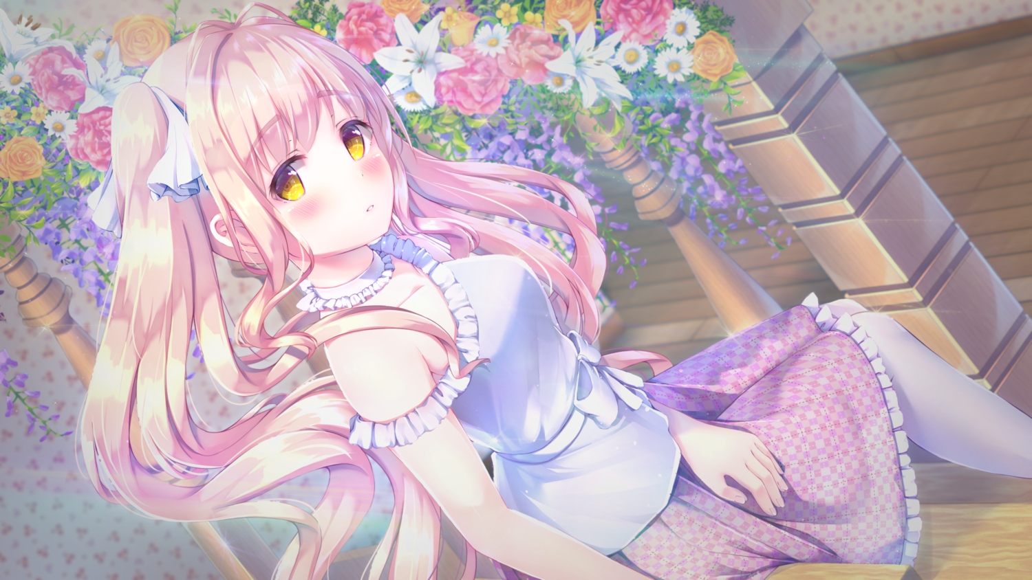 blush, flowers, long_hair, original, pantyhose, pink_hair, skirt, twintails, unwitherer, yellow_eyes
