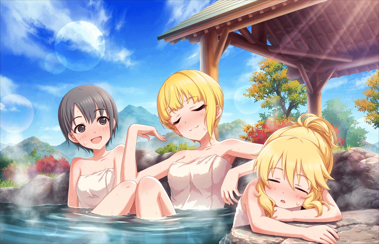annin_doufu, autumn, black_eyes, black_hair, blonde_hair, cat_smile, clouds, idolmaster, idolmaster_cinderella_girls, idolmaster_cinderella_girls_starlight_stage, loli, miyamoto_frederica, onsen, otokura_yuuki, ponytail, sakurai_momoka, short_hair, sky, towel, tree, water, wet