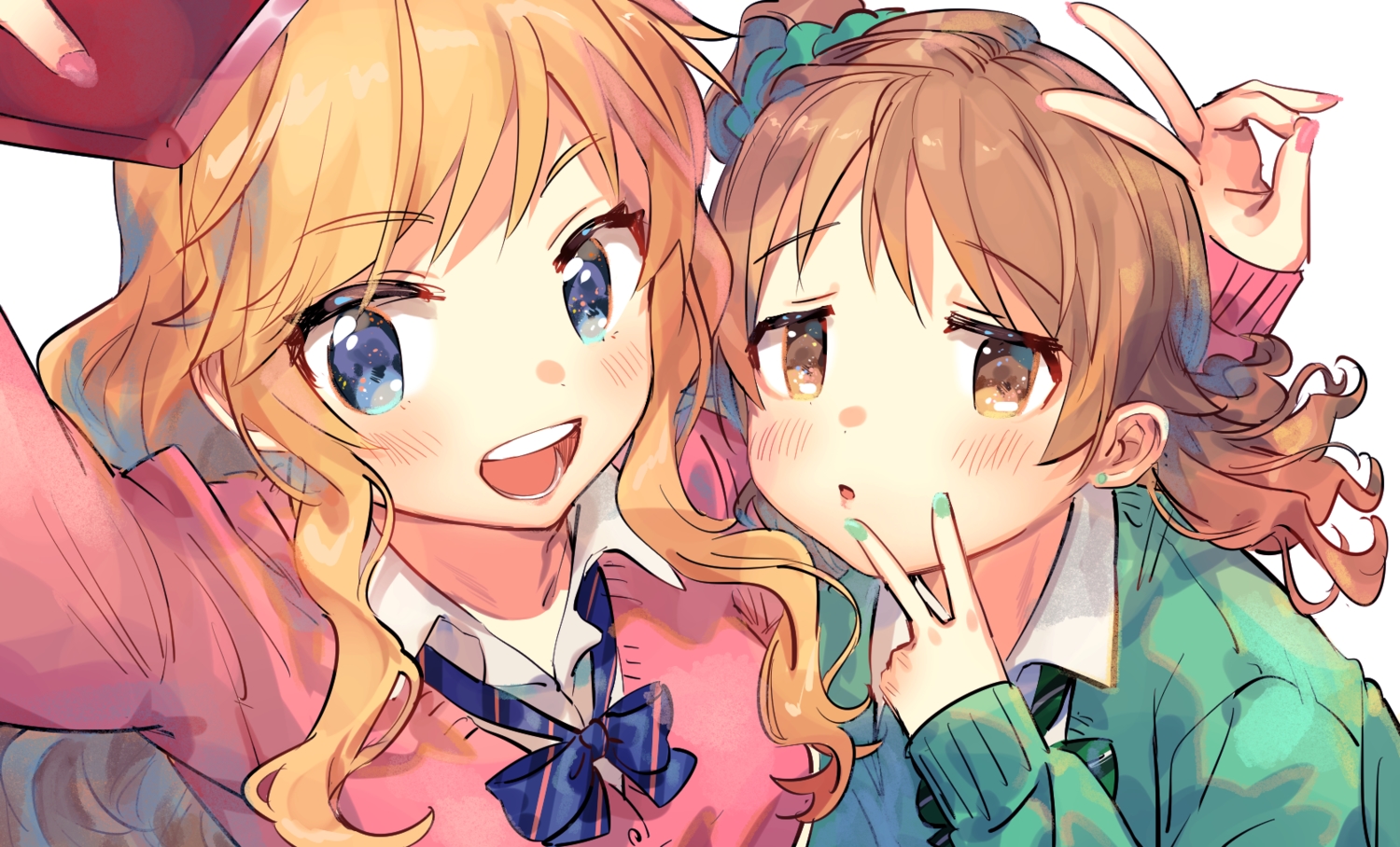 2girls, blonde_hair, blue_eyes, bow, brown_eyes, brown_hair, camera, close