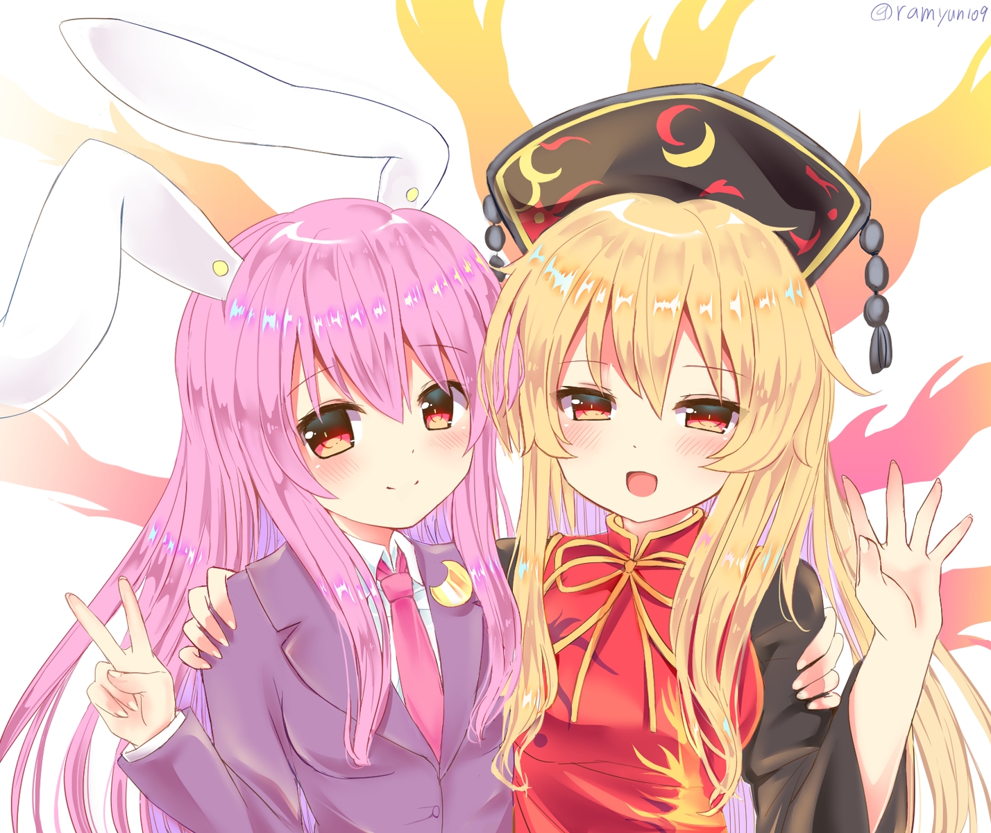 2girls, aliasing, animal_ears, blonde_hair, blush, bunny_ears, bunnygirl, chinese_clothes, close, headdress, hug, junko, long_hair, orange_eyes, purple_hair, ramudia_(lamyun), red_eyes, reisen_udongein_inaba, signed, suit, tie, touhou