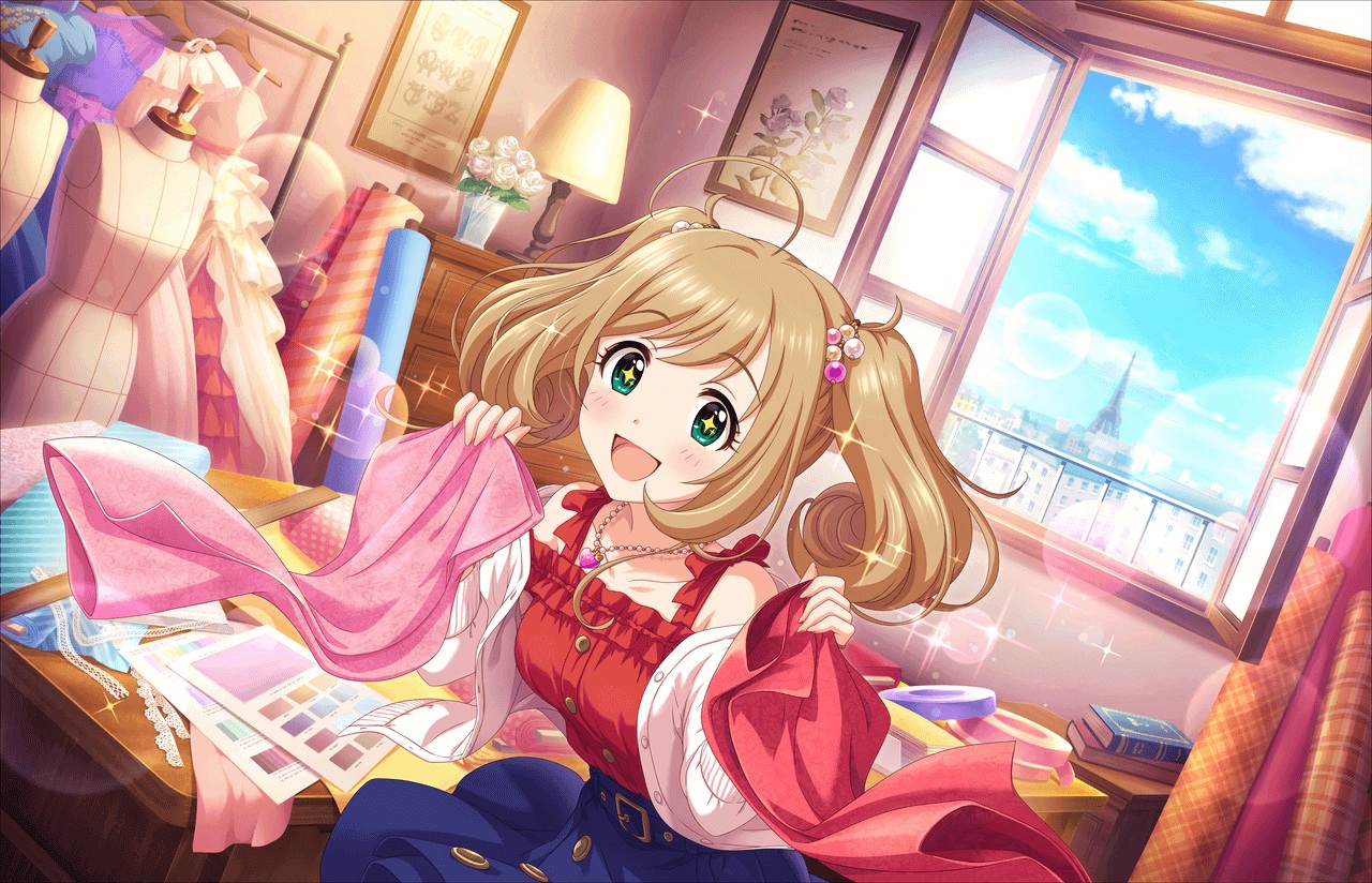 annin_doufu, blonde_hair, building, city, clouds, flowers, green_eyes, idolmaster