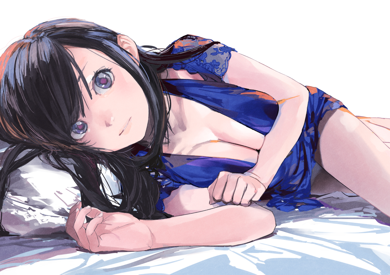 bed, black_hair, blue_eyes, breasts, cleavage, dress, kiriyama, long_hair