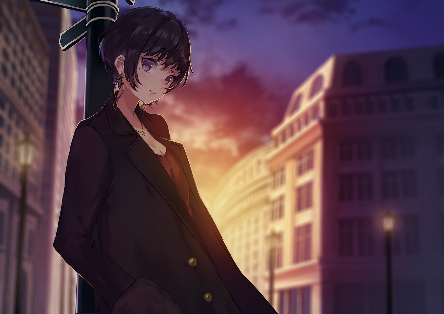 black_hair, breasts, building, city, cleavage, clouds, kusaka_kou, necklace