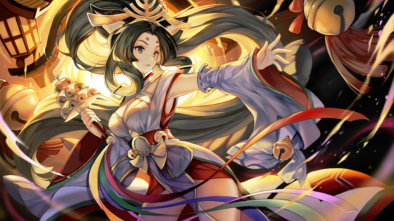 animal_ears, arena_of_valor, bell, black_eyes, black_hair, breasts, cleavage, fire