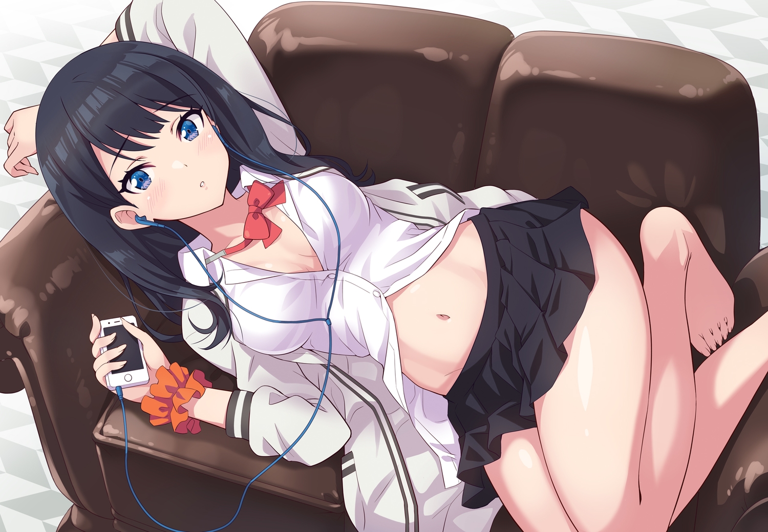 barefoot, black_hair, blue_eyes, blush, couch, headphones, jpeg_artifacts, long_hair, navel, no_bra, open_shirt, phone, school_uniform, skirt, ssss.gridman, takarada_rikka, urabi_(tomatohouse), wristwear
