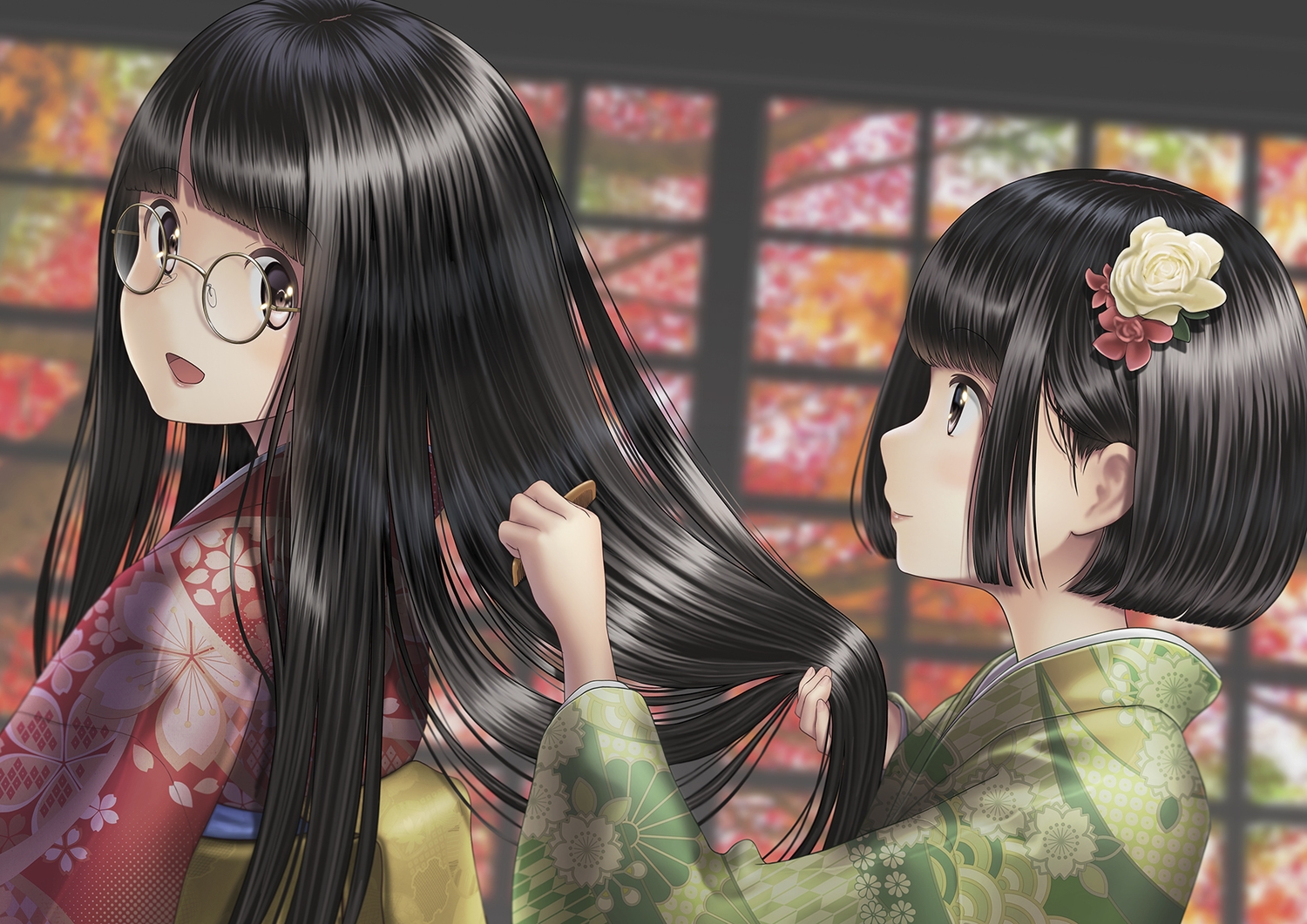 2girls, autumn, black_hair, brown_hair, close, glasses, japanese_clothes, kimono, long_hair, original, sarekoube, short_hair