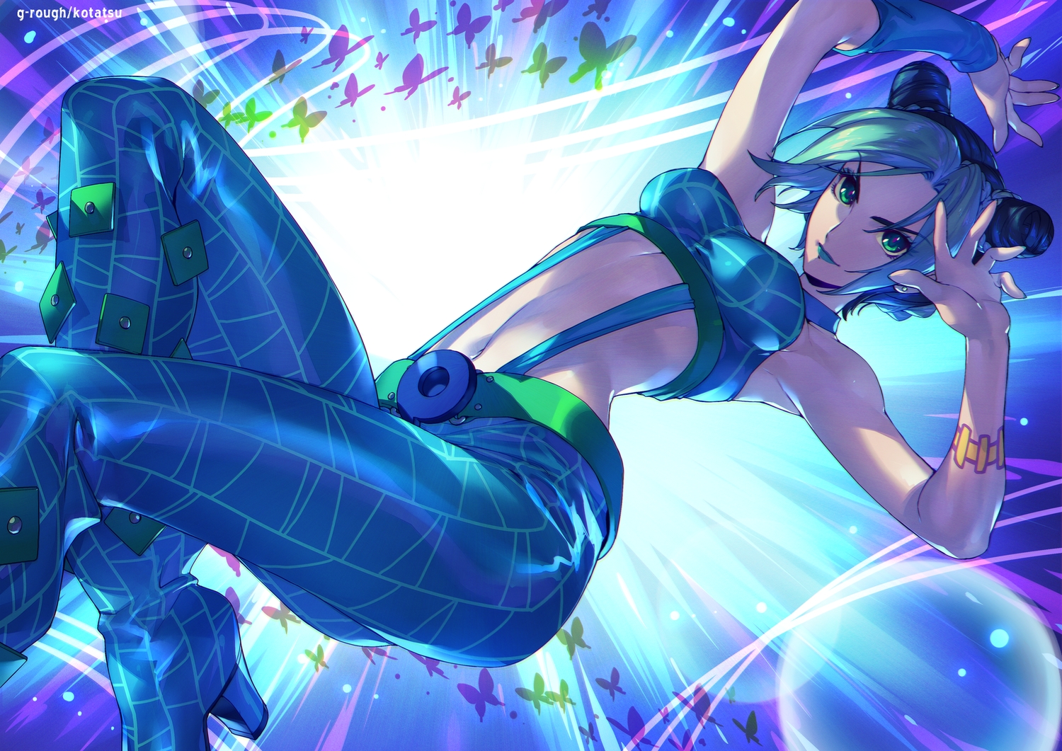 boots, breasts, butterfly, green_eyes, jojo_no_kimyou_na_bouken, kotatsu_(g-rough), kuujou_jolyne, navel, short_hair, watermark