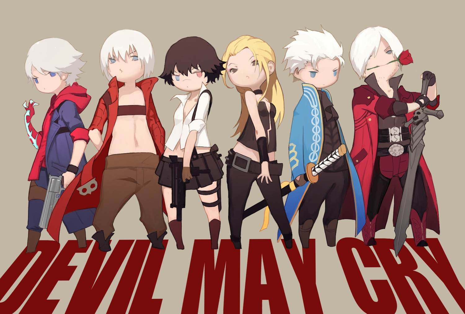 akumey, bicolored_eyes, blonde_hair, blue_eyes, boots, brown_eyes, brown_hair, dante