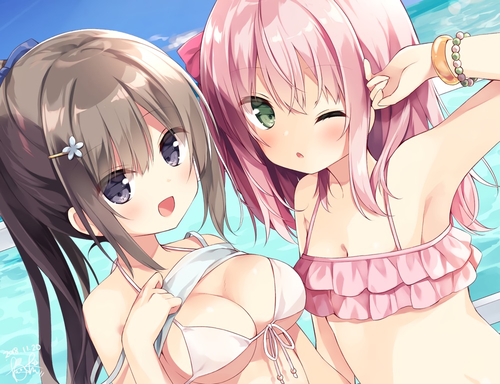 2girls, bikini, black_eyes, breasts, brown_hair, cleavage, close, clouds