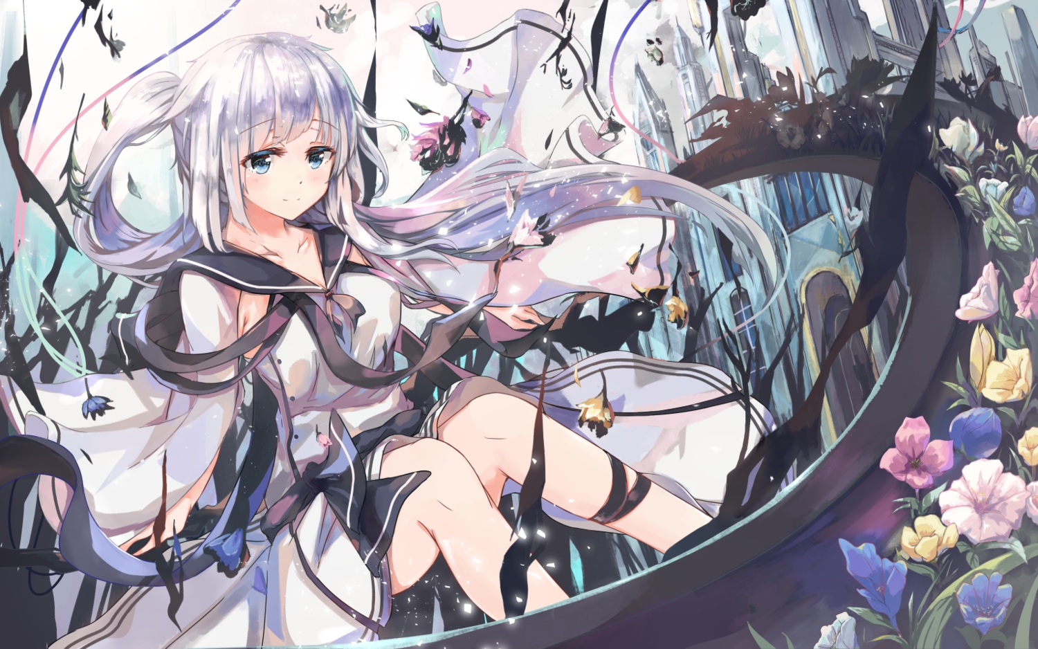 aqua_eyes, dress, flowers, gray_hair, long_hair, original, ponytail, school_uniform