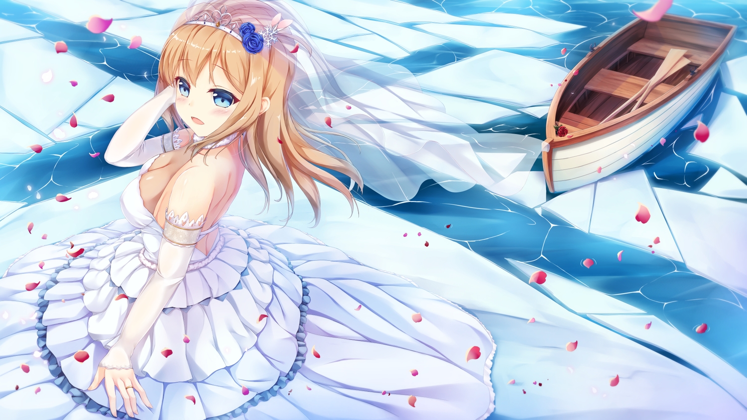 aliasing, anthropomorphism, aqua_eyes, blonde_hair, blush, boat, breasts, cleavage, dress, girls_frontline, headdress, hinoka, long_hair, petals, see_through, suomi_(girls_frontline), tiara, water, wedding_attire