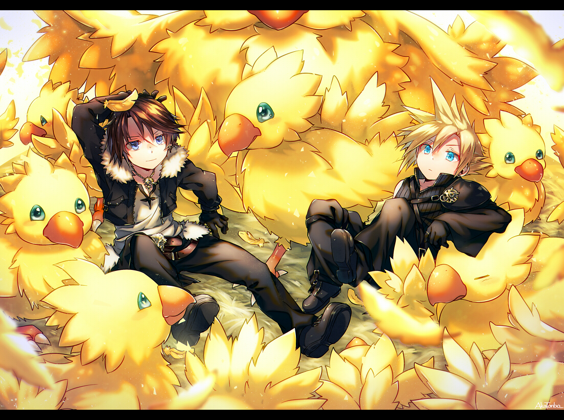 aka_tonbo_(lovetow), all_male, animal, aqua_eyes, bird, blonde_hair, blue_eyes, brown_hair