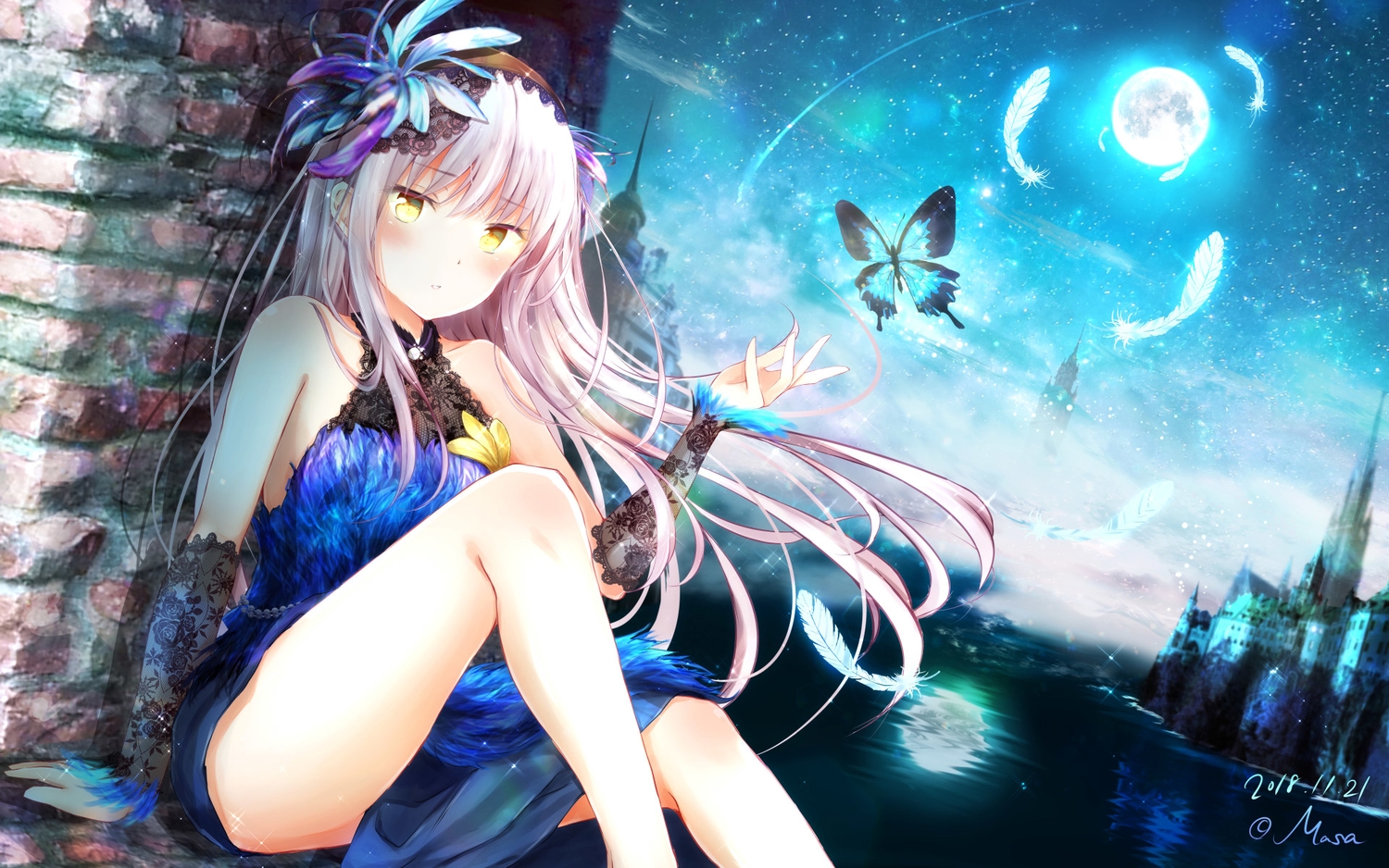 bang_dream!, building, butterfly, elbow_gloves, gloves, headdress, jpeg_artifacts, long_hair