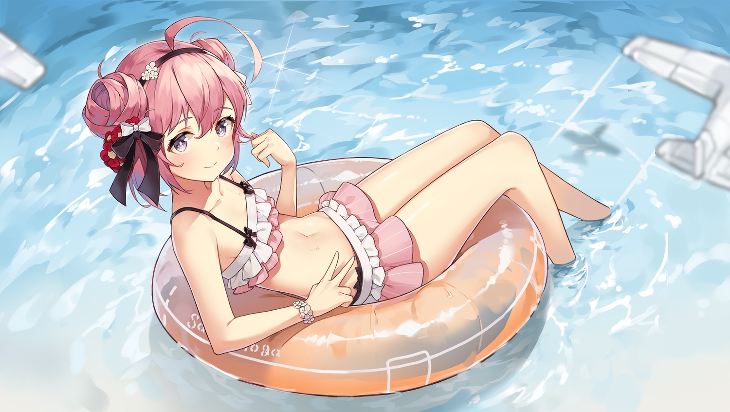 aircraft, aliceblue, anthropomorphism, azur_lane, bikini, bow, headband, navel, pink_hair, purple_eyes, saratoga_(azur_lane), short_hair, swim_ring, swimsuit, water, wristwear
