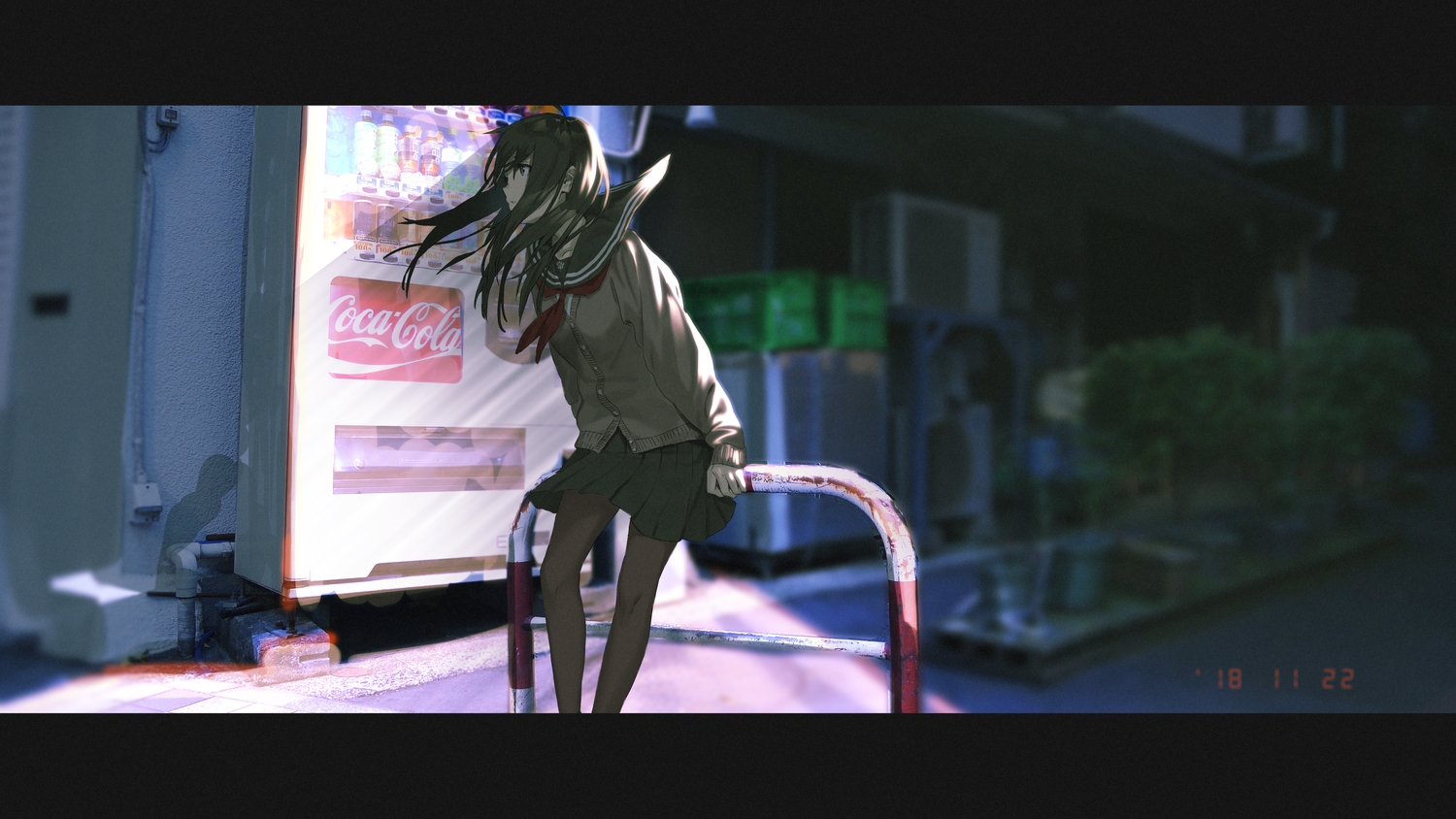 black_hair, coca_cola, long_hair, original, pantyhose, rolua, school_uniform, skirt