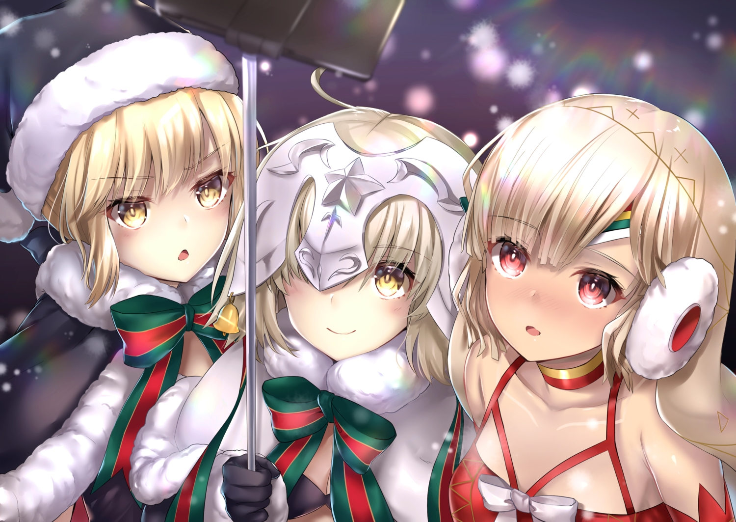artoria_pendragon_(all), attila_(fate/grand_order), bikini_top, blonde_hair, bow, camera, cape, choker