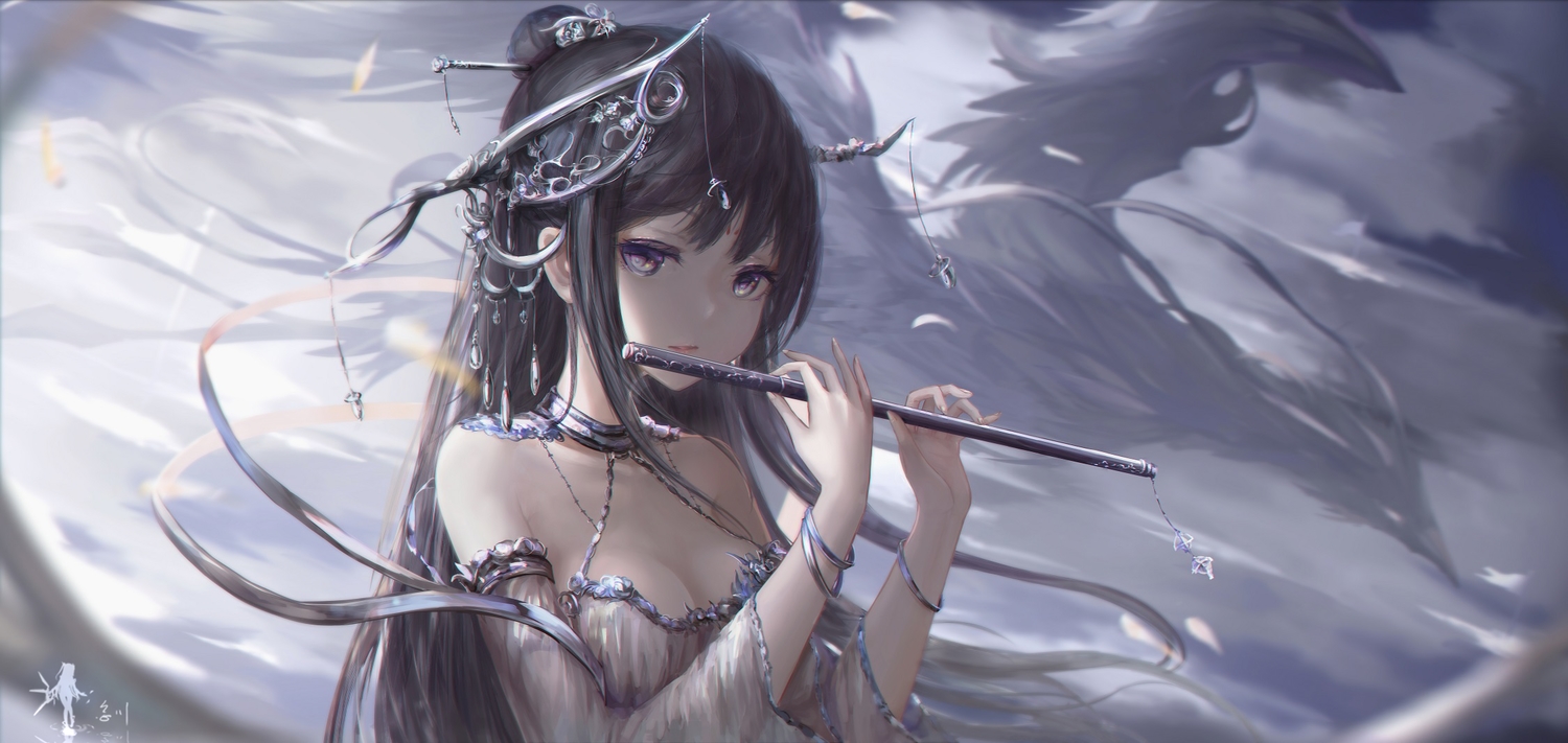 animal, bird, black_hair, breasts, cleavage, flute, headdress, instrument, jpeg_artifacts, long_hair, original, purple_eyes, wangchuan_de_quanyan