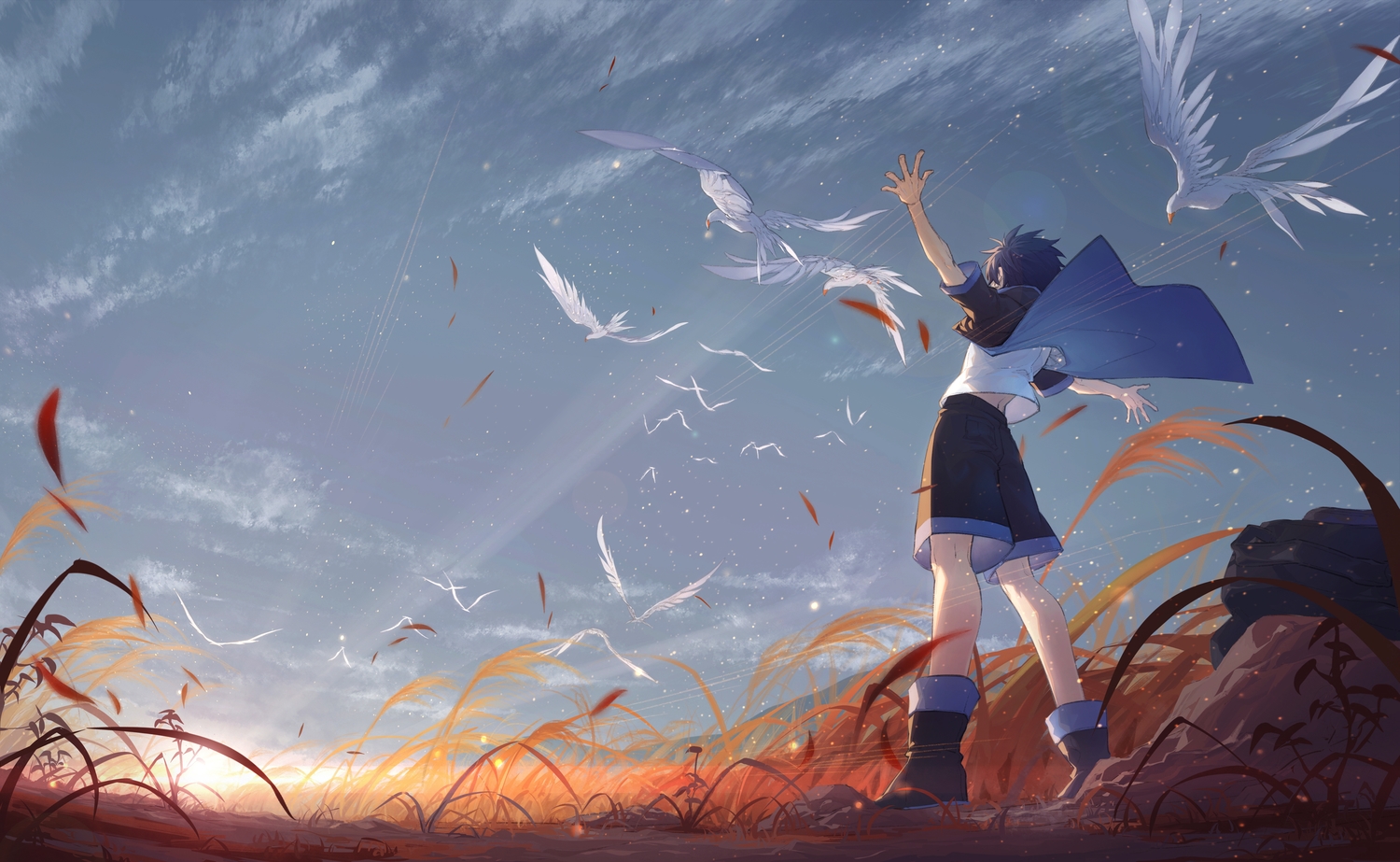 all_male, animal, arsh_(thestarwish), bird, blue_hair, boots, clouds, grass, male, original, short_hair, shorts, sky, sunset