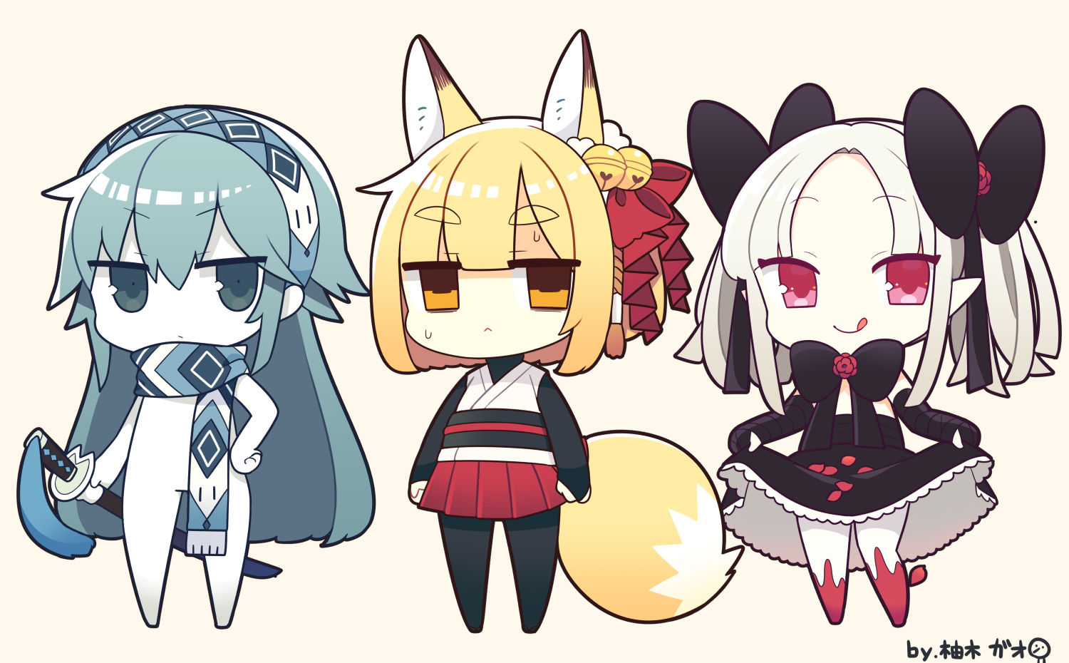 animal_ears, bell, blonde_hair, blue_eyes, blue_hair, bodysuit, bow, chibi