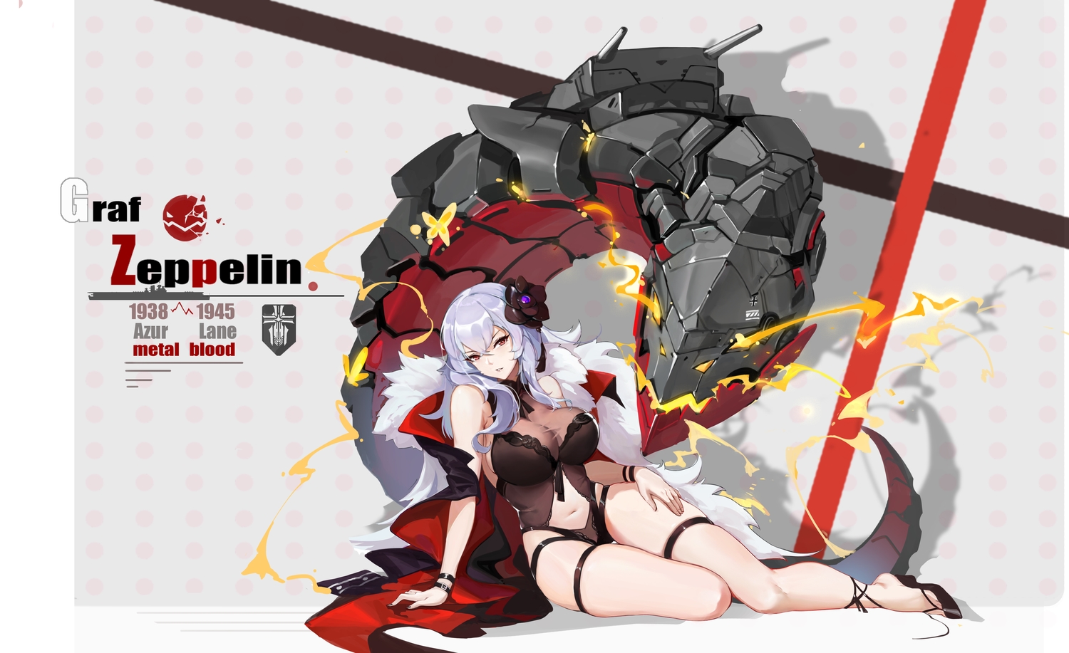 anthropomorphism, azur_lane, breasts, flowers, graf_zeppelin_(azur_lane), gray_hair, guernica, long_hair, navel, red_eyes, see_through