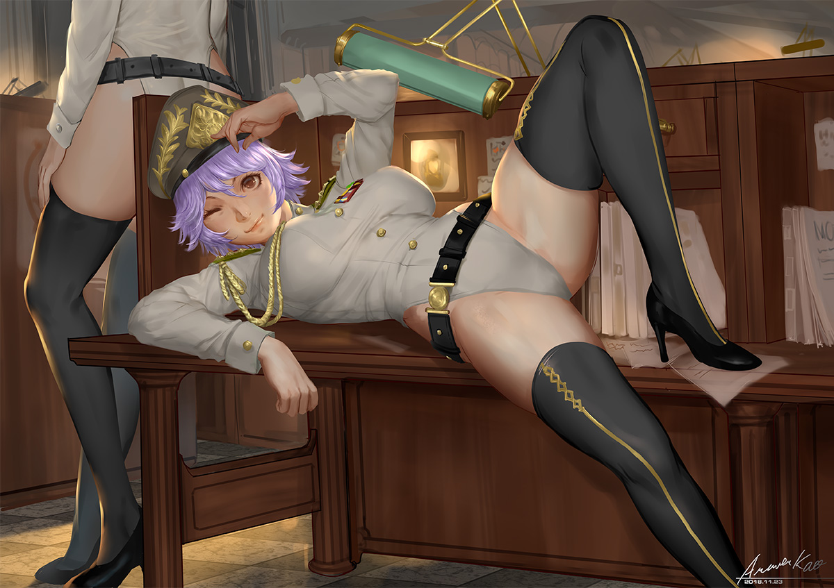 2girls, ariverkao, breasts, brown_eyes, hat, leotard, military, original