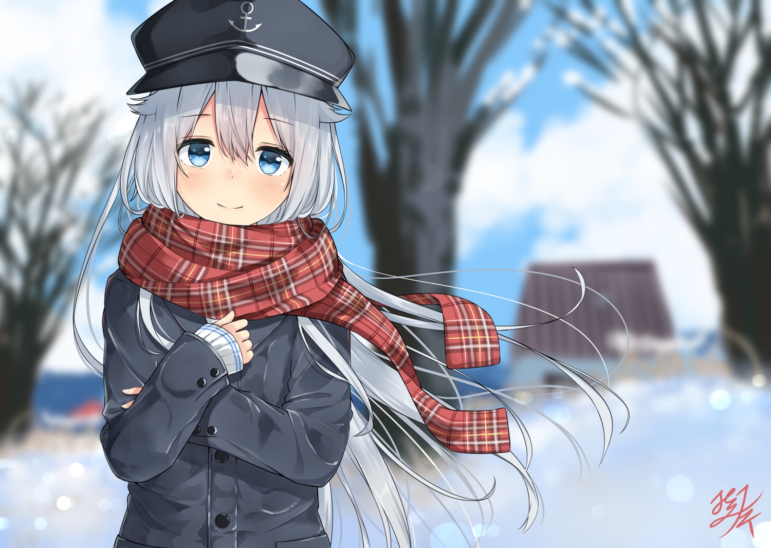 anthropomorphism, aqua_eyes, gray_hair, hibiki_(kancolle), kantai_collection, long_hair, miko_fly, scarf
