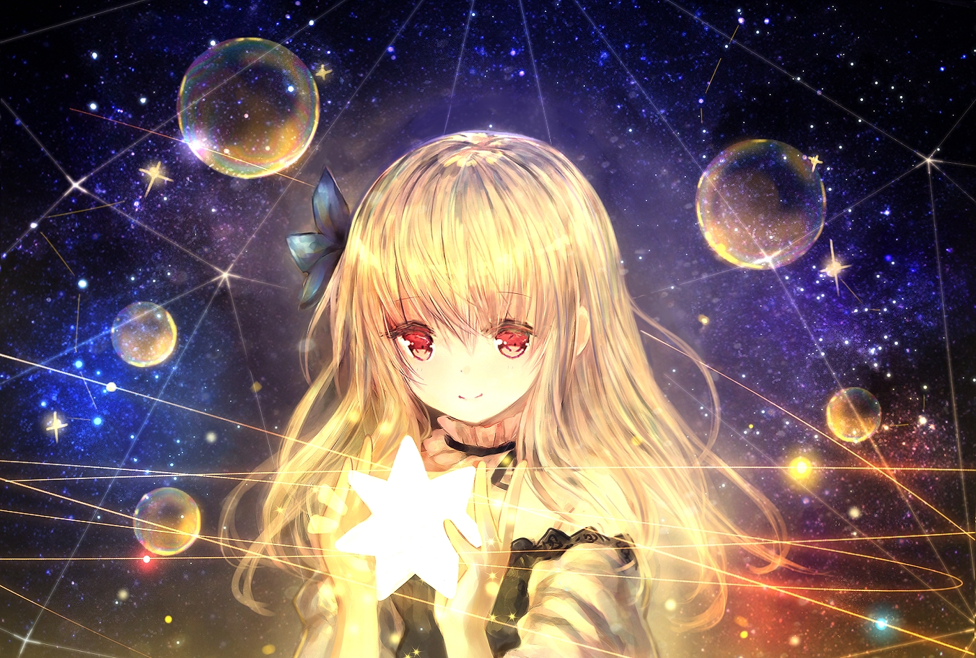 blonde_hair, bubbles, catbell, flowers, long_hair, red_eyes, space, stars