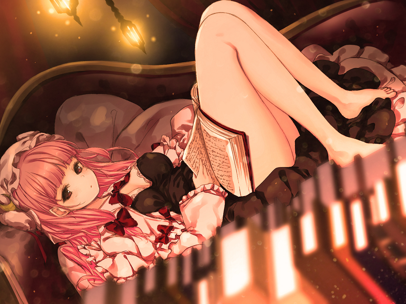 barefoot, blush, book, bow, breasts, catbell, cleavage, couch