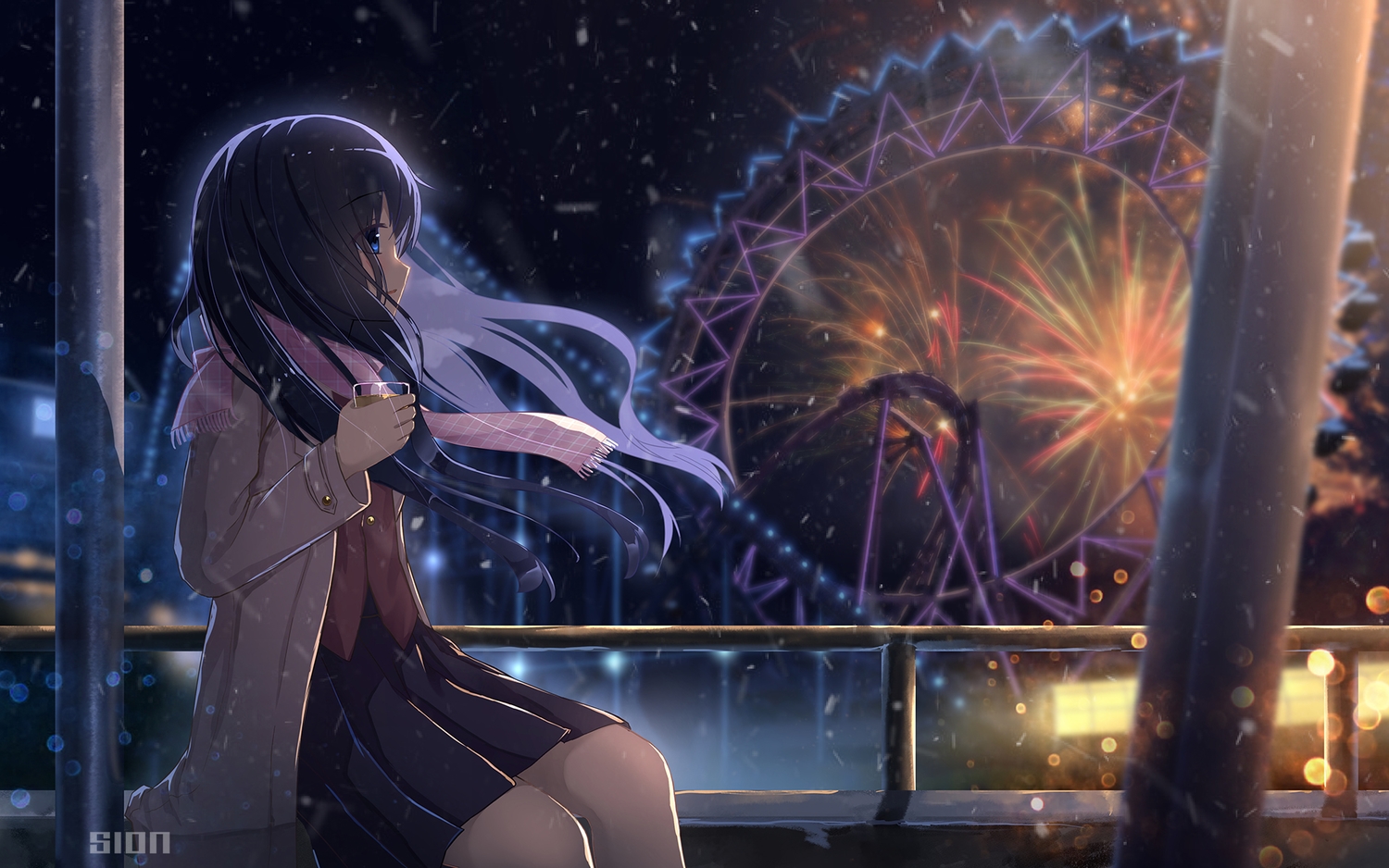 black_hair, blue_eyes, long_hair, night, original, scarf, sion005, watermark
