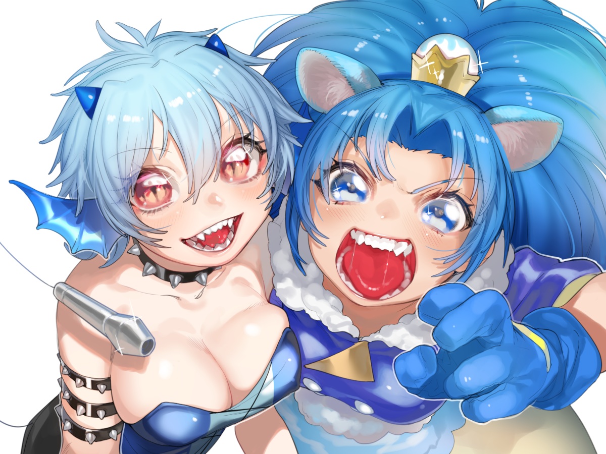 2girls, animal_ears, blue_eyes, blue_hair, blush, bodysuit, breasts, choker