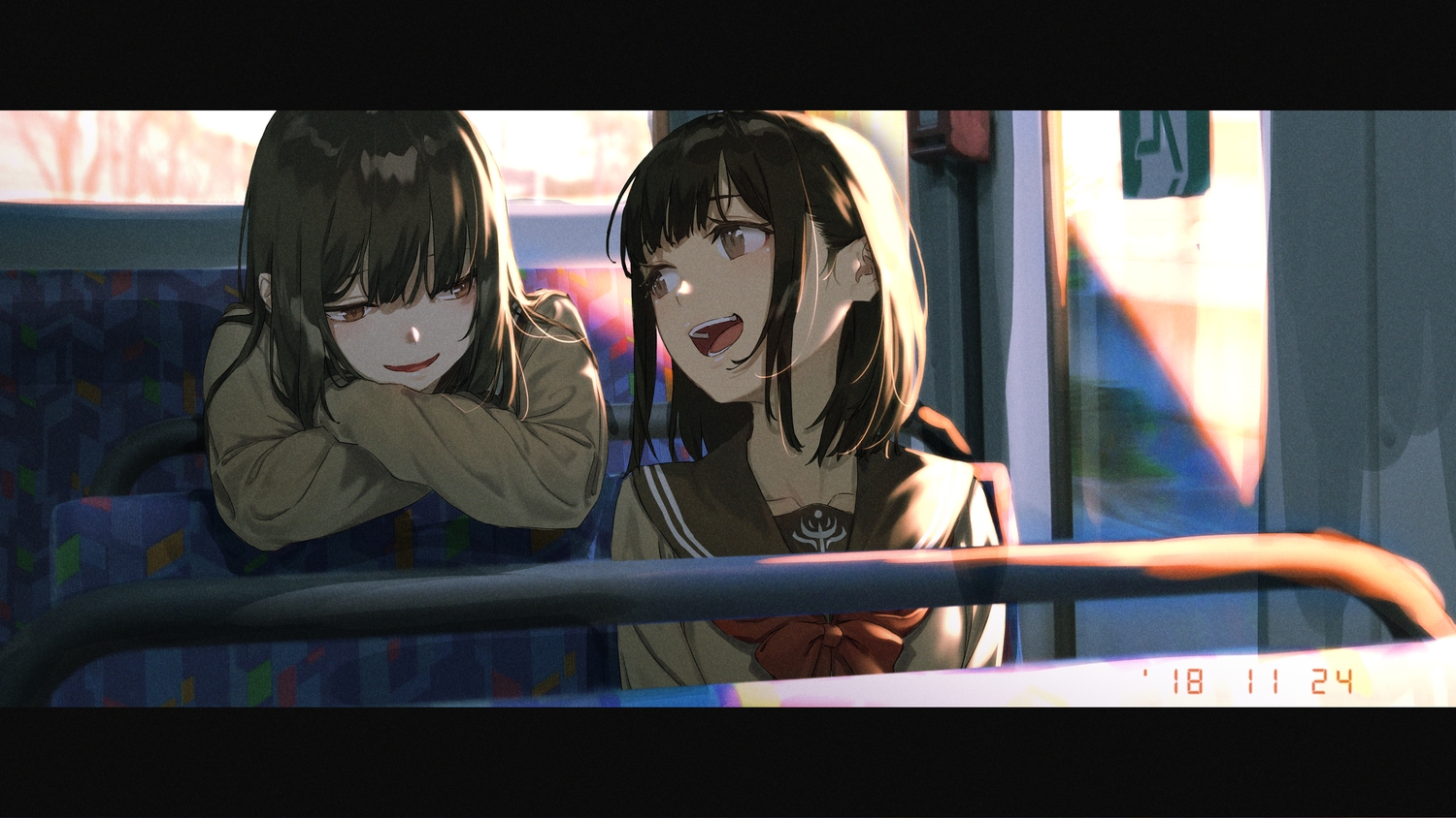 2girls, brown_eyes, brown_hair, original, rolua, school_uniform, short_hair