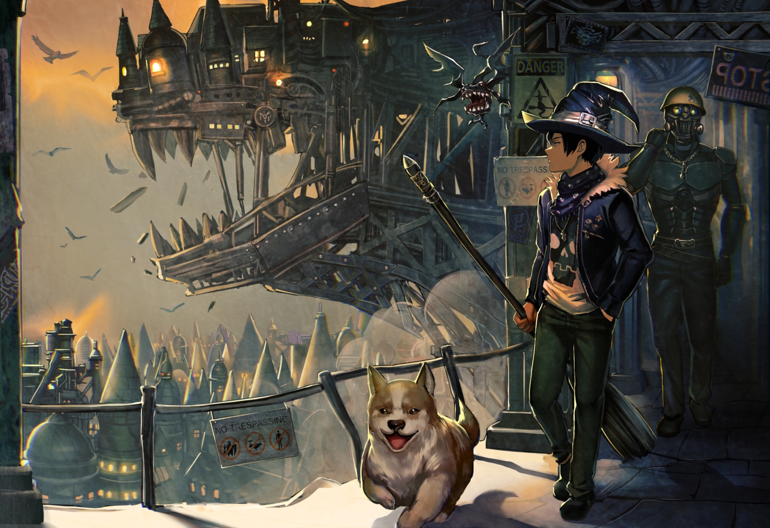 all_male, animal, armor, bird, black_hair, boots, building, city, clouds, dog, gloves, hat, industrial, isaroishin, male, mask, necklace, original, scarf, short_hair, sky, witch_hat
