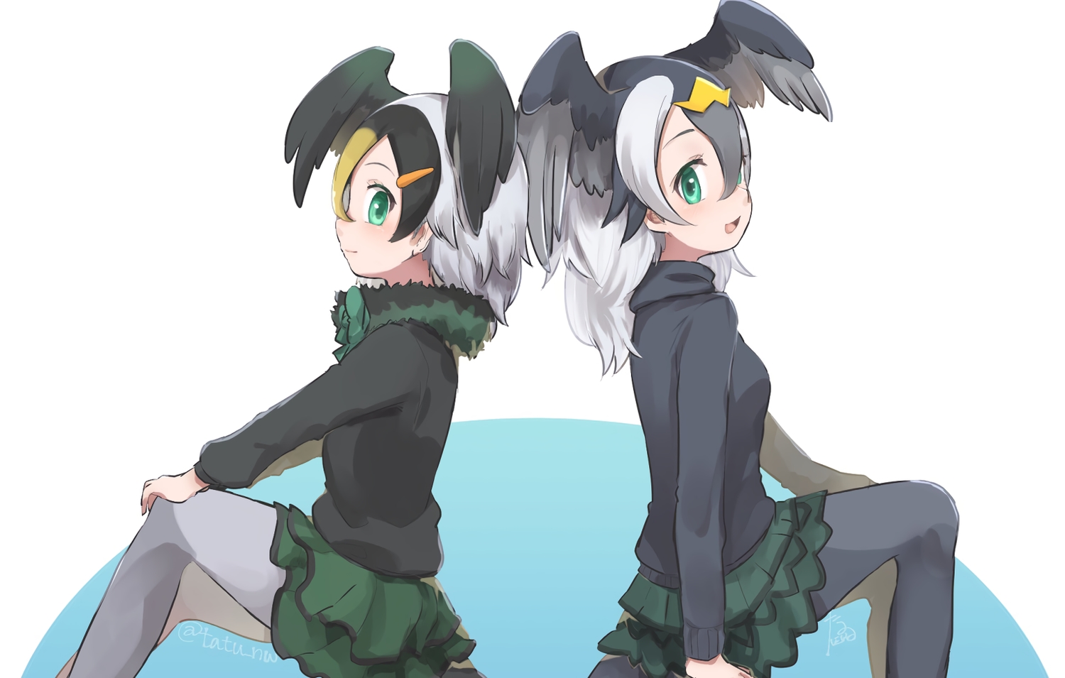2girls, anthropomorphism, great_cormorant_(kemono_friends), green_eyes, japanese_cormorant_(kemono_friends), kemono_friends, long_hair, pantyhose, short_hair, signed, skirt, tatsuno_newo, wings