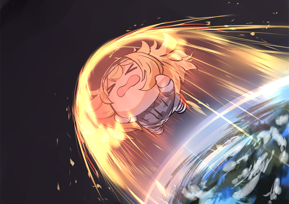 anthropomorphism, belko, blonde_hair, chibi, earth, fire, gambier_bay_(kancolle), headband