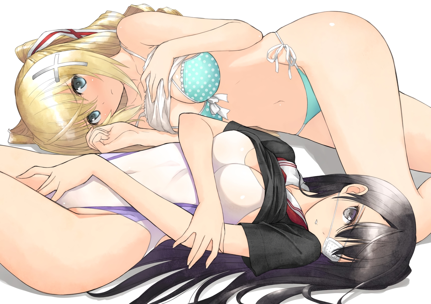 2girls, akeno_maria, aqua_eyes, bikini, black_eyes, black_hair, blonde_hair, breast_hold, breasts, cleavage, eyepatch, long_hair, navel, school_uniform, shirt_lift, sister_blood, swimsuit, tagme_(character), taka_tony, twintails
