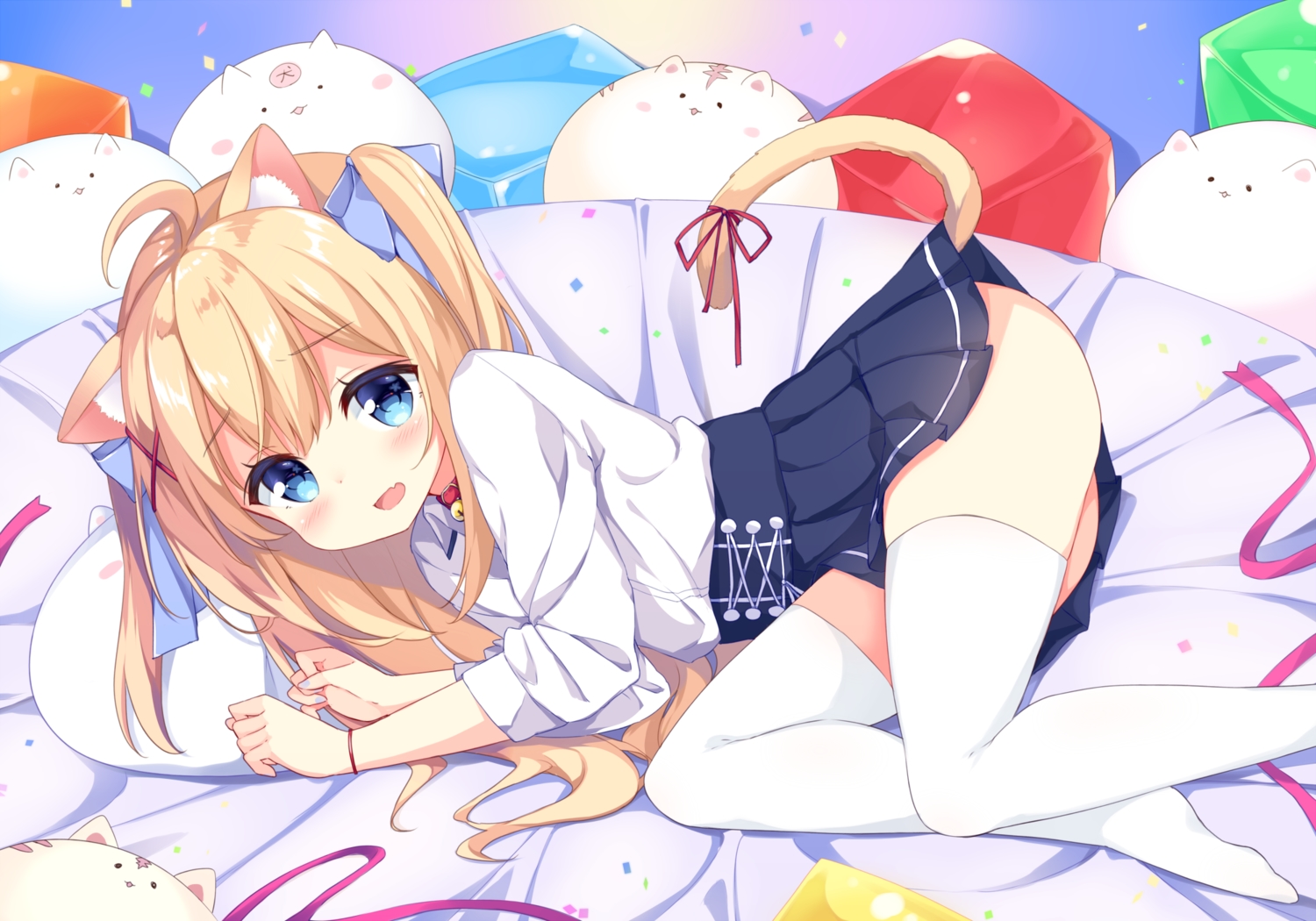 animal_ears, aqua_eyes, bed, bell, blonde_hair, blush, bow, catgirl, collar, fang, long_hair, mimura_zaja, nopan, original, ribbons, shirt, skirt, tail, thighhighs, twintails, wristwear, zettai_ryouiki