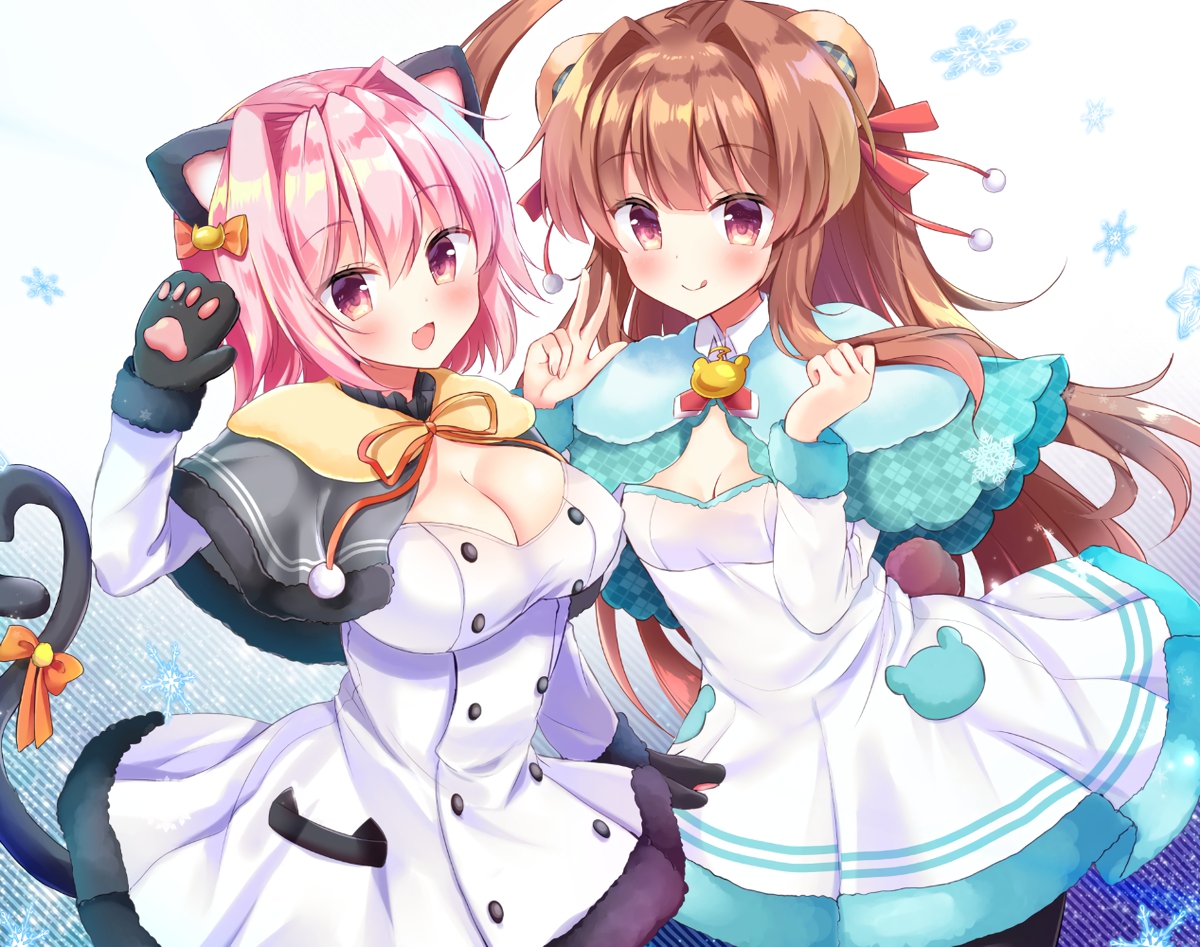 animal_ears, anthropomorphism, blush, bow, breasts, brown_hair, cape, catgirl