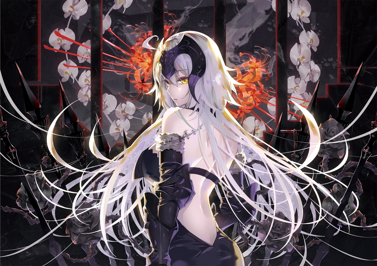 dress, elbow_gloves, fate/grand_order, fate_(series), gloves, gray_hair, headdress, jeanne_d'arc_alter, jeanne_d'arc_(fate), long_hair, tsurukame, yellow_eyes