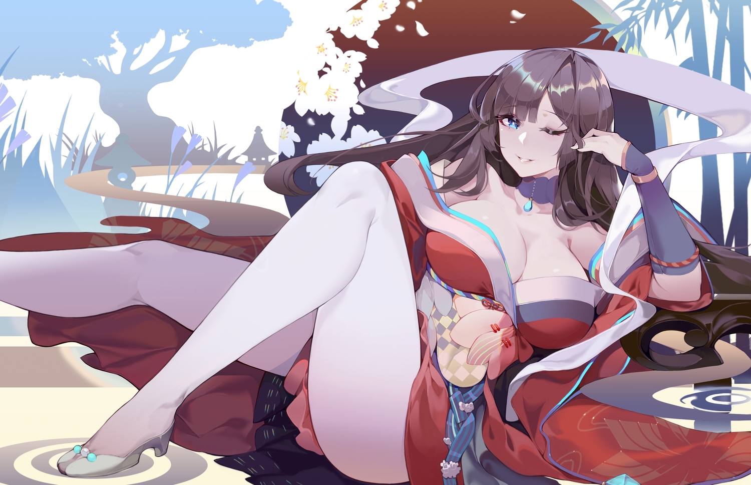 aqua_eyes, breasts, brown_hair, calder, choker, cleavage, flowers, japanese_clothes