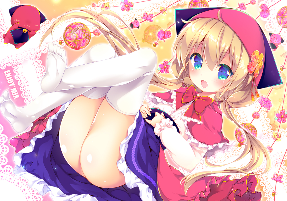 aqua_eyes, blonde_hair, cape, enjoy_mix, fang, hat, loli, lolita_fashion, long_hair, nopan, original, shirt, skirt, thighhighs, twintails