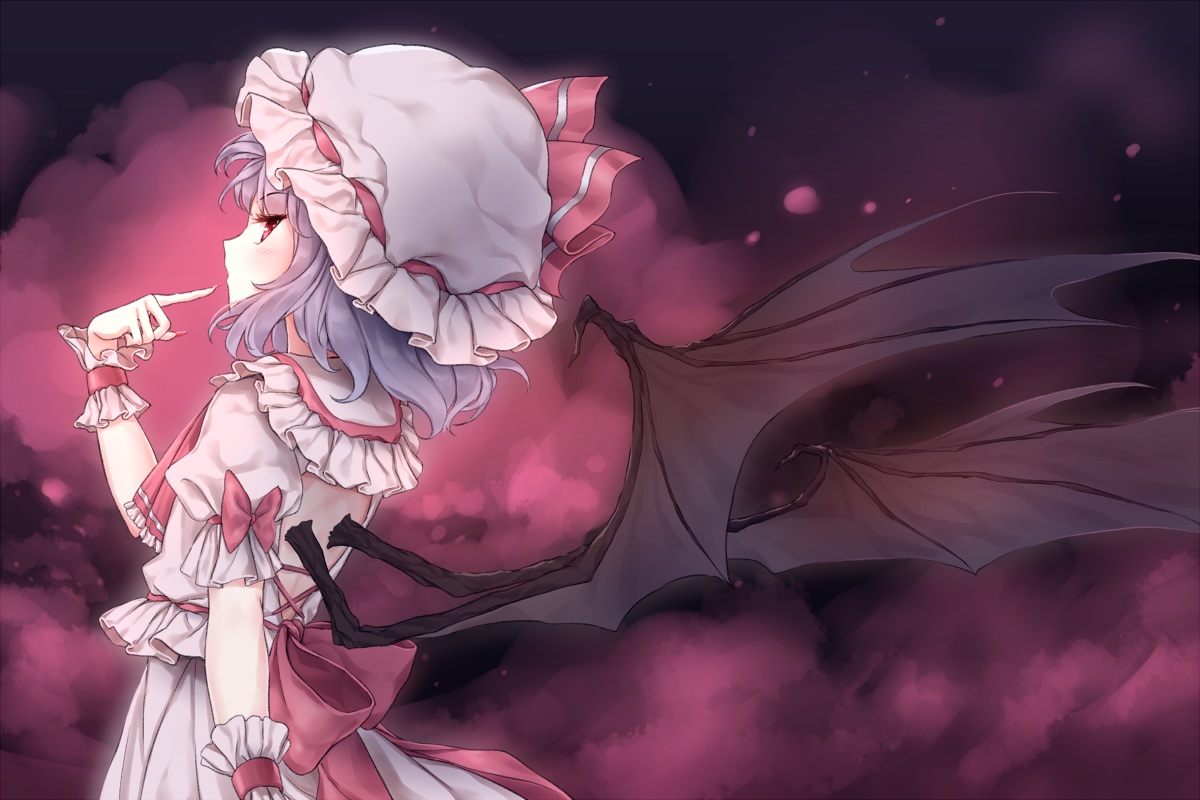blue_hair, bow, dress, hat, minust, purple, red_eyes, remilia_scarlet
