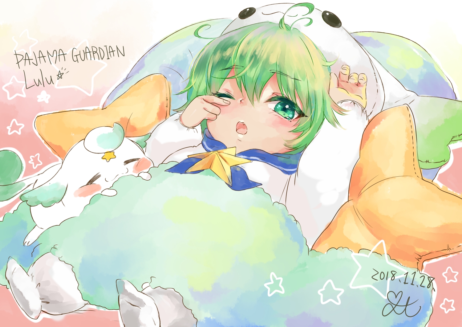 akira_b, green_eyes, green_hair, hood, league_of_legends, lulu, short_hair, signed